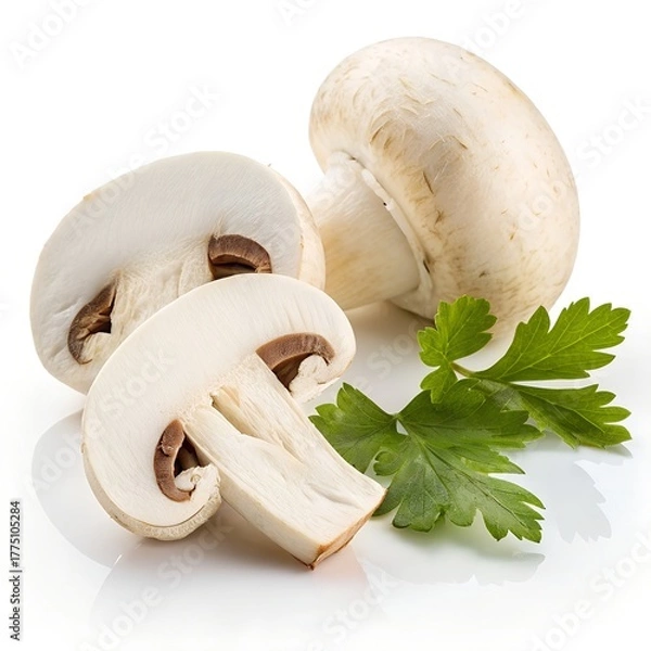 Fototapeta Premium White Mushroom Slices with Green Leaf on Pure White Background – Ultra High-Resolution Studio Photo