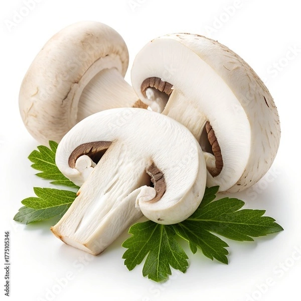 Fototapeta Premium White Mushroom Slices with Green Leaf on Pure White Background – Ultra High-Resolution Studio Photo