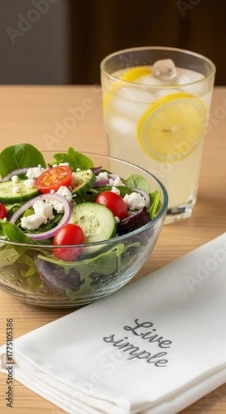 Fototapeta Fresh Salad With Lemonade on a Wooden Table
