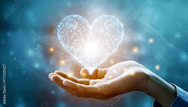 Fototapeta Hand holding heart symbol made of glowing network lines.