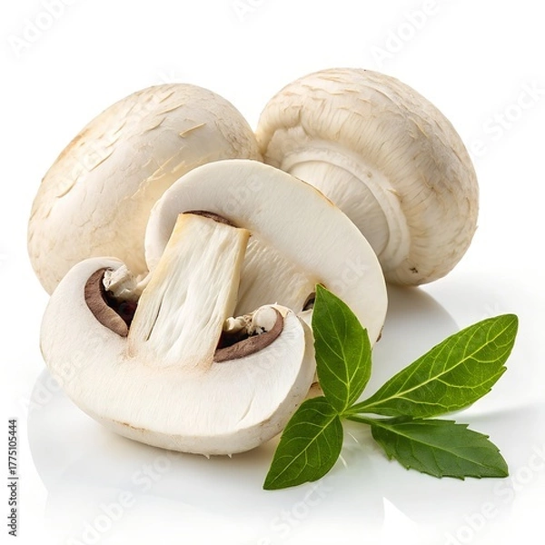 Fototapeta Premium White Mushroom Slices with Green Leaf on Pure White Background – Ultra High-Resolution Studio Photo