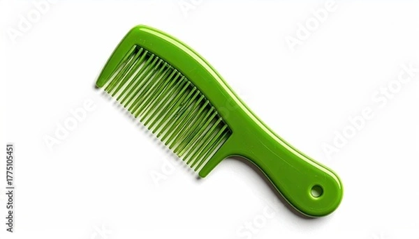 Fototapeta A Bright Green Plastic Comb With A Textured Surface Rests On A Clean White Background Under Natural Overhead Lighting
