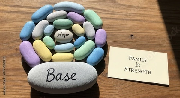 Fototapeta Stones Arranged With Hope and Base Inscription Beside Family Strength Card