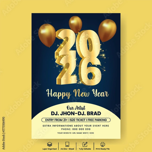 Fototapeta Happy New Year 2026 Celebration night Party a4 print Flyer and poster Template with 3d Typography and Balloons, Sparkling Fireworks, and New Year celebration brochure, leaflet, cover template design
