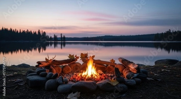 Obraz Campfire burning near a calm lake at sunset time
