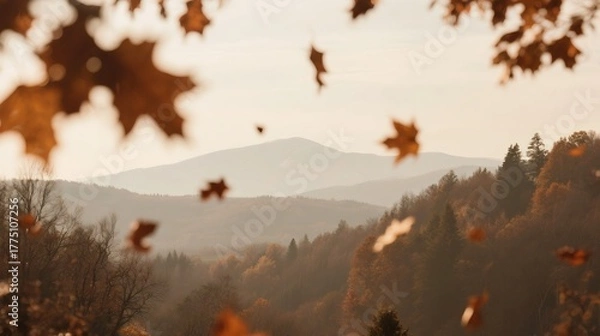 Fototapeta Autumn mountain landscape with falling leaves and forest in warm sunlight, peaceful fall scenery. Generative AI.