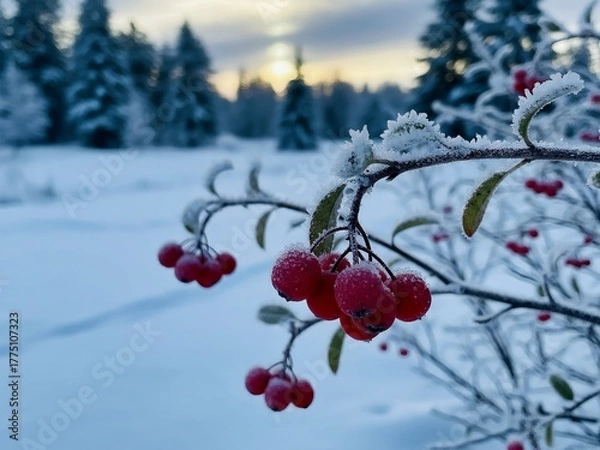 Fototapeta Frozen red berries on branch in snowy winter forest at sunrise. Generative AI.