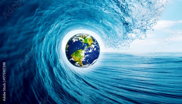 Fototapeta Ocean wave forming shape of planet Earth, clean energy art. 