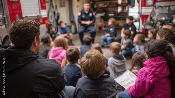 Obraz Fire station community outreach event where firefighters teach children about safety and prevention. Awareness, teamwork, and public education to strengthen community engagement and build trust.