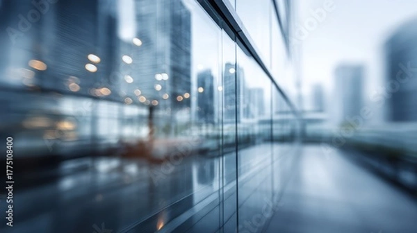 Obraz Blurred glass wall of contemporary business office building. Corporate architecture. Modern commercial workplace urban center. Abstract background for business, financial, and technology concept.