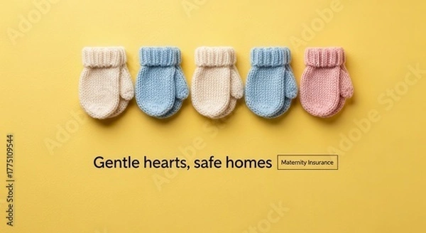 Fototapeta Five Colorful Knitted Baby Mittens in a Row on Yellow Background