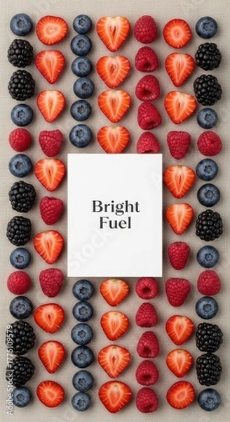 Fototapeta Fresh Berries Arranged Around a White Card That Says Bright Fuel