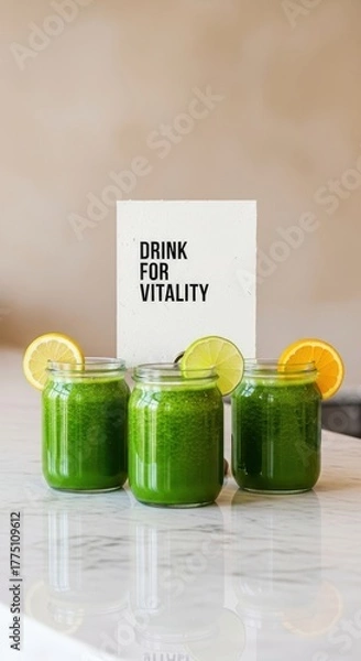 Fototapeta Green Smoothies in Jars with Citrus Garnishes Displayed for Vitality