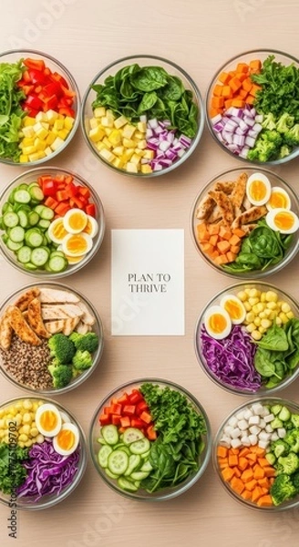 Obraz Healthy Food Bowls with Various Fresh Ingredients and Meal Planning Card