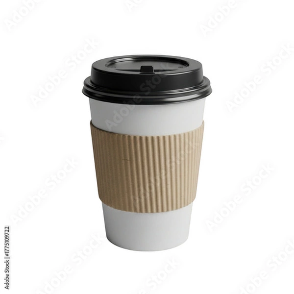 Fototapeta Disposable coffee cup with black lid and cardboard sleeve ready for hot beverages isolated on transparent background