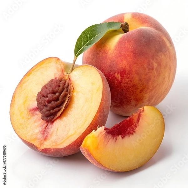 Fototapeta Fresh Whole and Sliced Peach on Pure White Background – Ultra-Realistic 8K Studio Photography