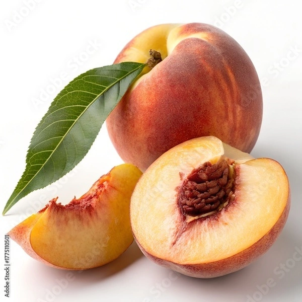 Fototapeta Fresh Whole and Sliced Peach on Pure White Background – Ultra-Realistic 8K Studio Photography