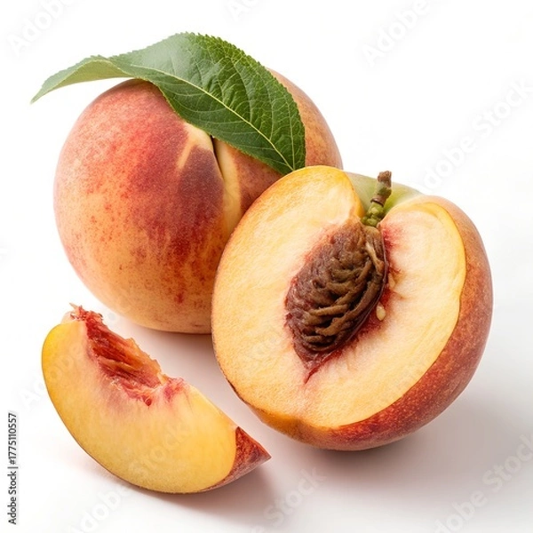 Fototapeta Fresh Whole and Sliced Peach on Pure White Background – Ultra-Realistic 8K Studio Photography