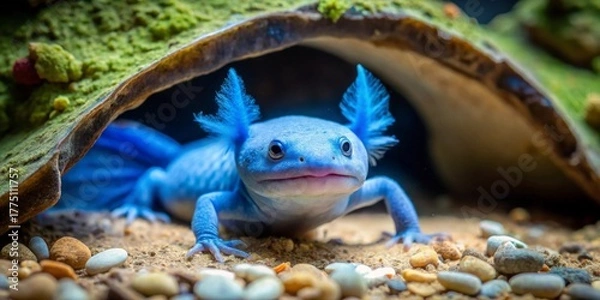 Fototapeta A vibrant blue axolotl emerges from its rocky, mossy den, its feathery gills gently swaying in the aquatic environment