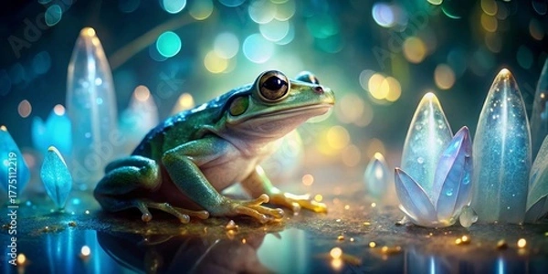 Fototapeta A Serene Green Frog Amidst Glimmering Crystalline Formations in a Magical, Dreamlike Setting