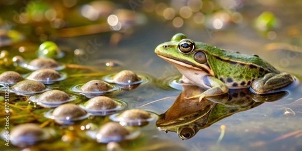 Obraz A solitary amphibian rests serenely amidst a cluster of amphibian eggs floating on the tranquil surface of a pond