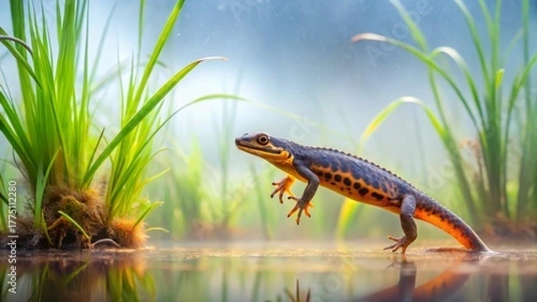 Fototapeta A vibrant amphibian emerges from tranquil waters, its striking orange and black markings contrasting against the lush green aquatic vegetation.