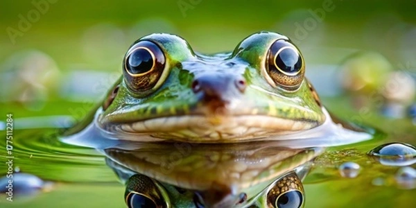 Obraz Close-up of a green amphibian's face partially submerged in a tranquil body of water, its reflection mirroring its gaze