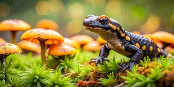 Fototapeta A Vibrant Salamander Perched Amongst Autumnal Fungi and Lush Moss in a Forest Setting