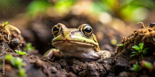 Obraz Close-up of a frog resting in the earth among seedlings, exhibiting remarkable detail in its eyes and skin