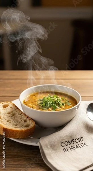 Fototapeta A steaming bowl of soup with bread and fresh herbs on a wooden table
