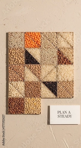 Fototapeta Arrangement of various grains and legumes in a geometric mosaic
