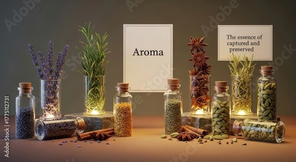 Fototapeta Assortment of Spices and Herbs in Glass Jars on a Shelf