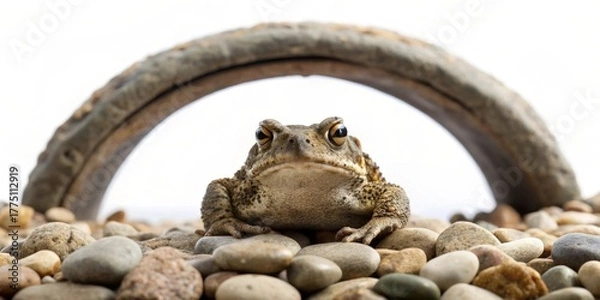 Obraz Close-up of a toad perched on smooth stones, an aged curved object forming an archway in the background