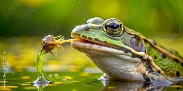 Fototapeta A Close-Up View of an Amphibian, Its Tongue Extended to Capture Aquatic Prey