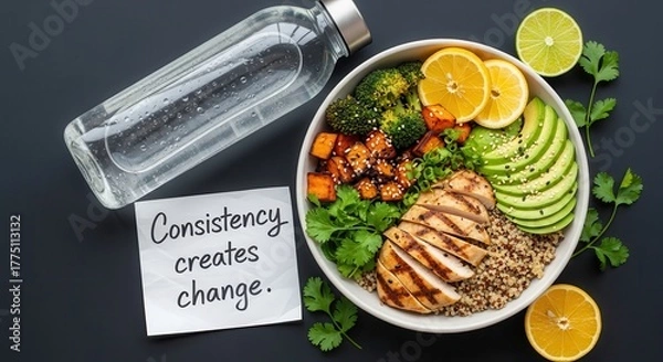 Fototapeta Healthy Chicken Bowl with Broccoli Lemon and Avocado on a Black Surface