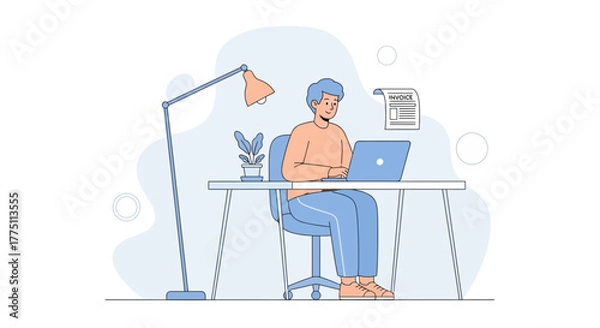 Fototapeta Illustration of a man working on a laptop at a desk with an invoice and lamp
