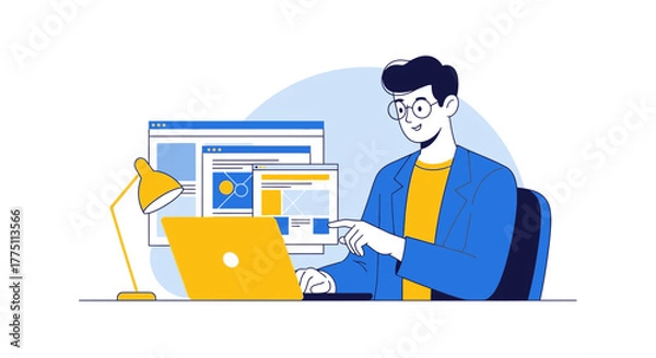 Fototapeta Illustration of a Man Working on a Laptop with Website Windows, Colorful Design