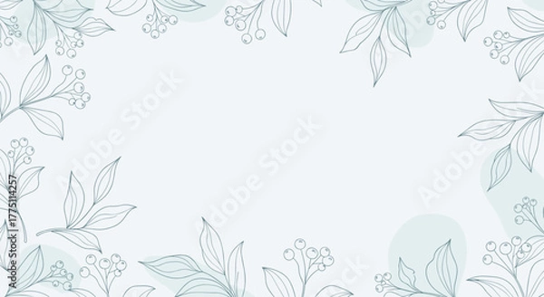 Fototapeta Delicate line art illustration of botanical elements like leaves and berries forming a frame on a soft grey background with abstract shapes.