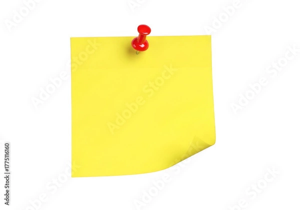 Fototapeta Bright yellow sticky note pinned to a surface with red pin transparent background