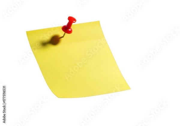 Fototapeta Bright yellow sticky note pinned to a dark surface with a red pushpin transparent background