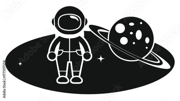 Obraz Whimsical astronaut exploring a distant planet with rings and stars in a stylized cosmic scene