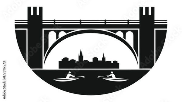 Obraz Iconic bridge and cityscape silhouette with kayakers enjoying a serene river adventure