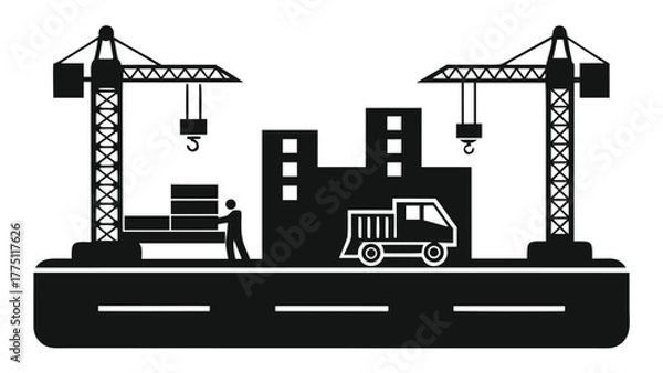 Fototapeta Construction workers and cranes build modern city skyline, symbolizing progress and development