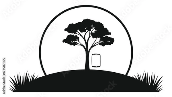 Obraz Silhouette of a tree with phone inside a circle, nature meets technology in minimalist design