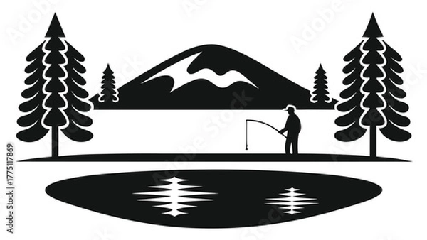Obraz Fisherman casting line by lake in serene mountain landscape, perfect for outdoors themes
