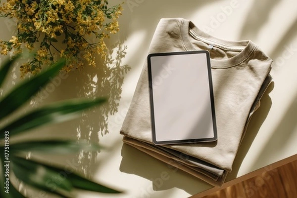 Fototapeta Light-Beige T-shirts and Tablet on a Surface