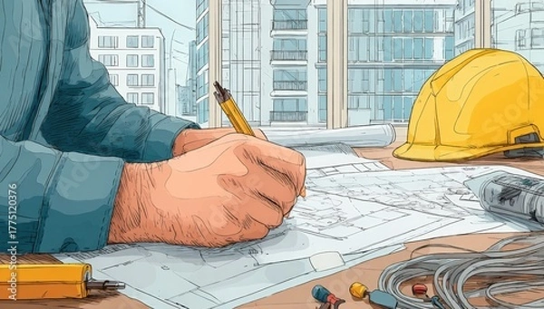 Fototapeta Architect reviewing blueprints in a modern office