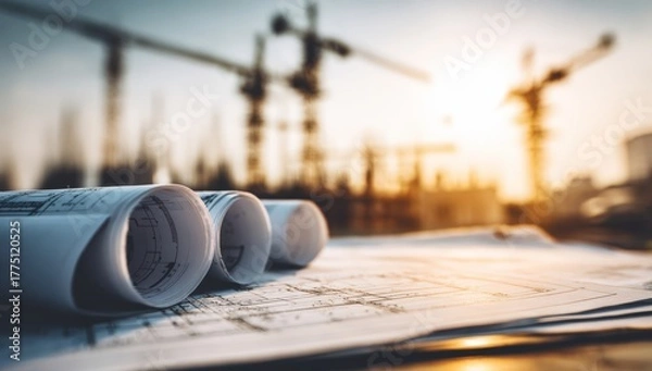 Fototapeta Construction blueprints at sunset (3)