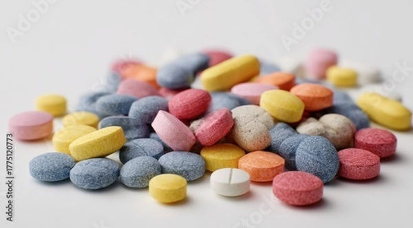 Obraz Colorful pills piled high on a white surface (1)