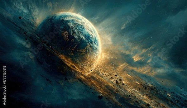Fototapeta A vibrant, dramatic cosmic scene featuring a planet enveloped in a swirling nebula and debris field